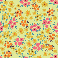 Seamless floral pattern, liberty ditsy print in a colorful summer motif. Cute botanical wallpaper, textile design: small hand drawn flowers, tiny leaves, simple abstract bouquets.