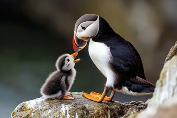 Adult Puffin Feeds Its Hungry Baby Chick