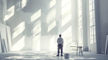A man in painting gear stands in an empty, bright room with painting tools, looking ready for the first stroke of the day.