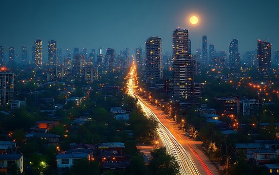 Night cityscape with full moon and light trails.
