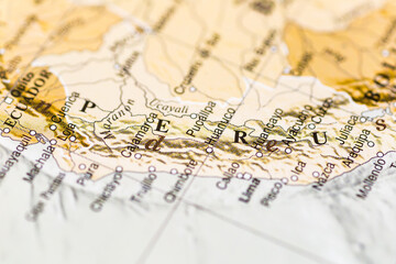 World map. Peru map, world tourism, tourist destination. Political map close-up.