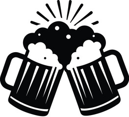 Beer mug silhouette, Two clinking frothy beer mugs icon vector illustration  
