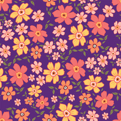 Seamless pattern with flowers and leaves. Vector graphics.