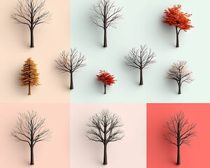 Obraz premium A collection of stylized trees depicted in various colors and styles against pastel backgrounds, showcasing seasonal changes and artistic design. trees various shapes pattern concept