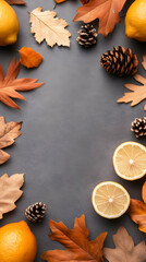 Autumnal frame of lemons, leaves, and pine cones on dark background. Ideal for seasonal greetings or recipe blogs