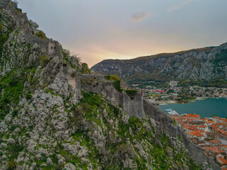 fortress of kotor city in montenegro - aerial drone view