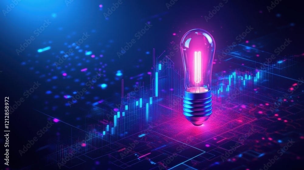 Poster light bulb illuminated on a technological background with circuits and digital patterns