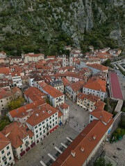 Kotor European ancient town in Montenegro - drone view in the evening