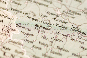 World map. Russia, Moscow on the geographical map, world tourism, destination. Political map close-up photo.