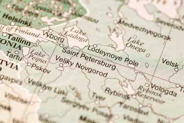 World map. Russia, Saint Petersburg on the geographical map, world tourism, destination. Political map close-up photo.