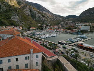 Kotor European ancient town in Montenegro - drone view in the evening