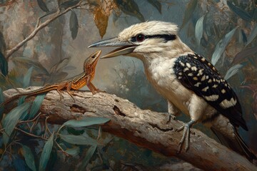 Obraz premium Kookaburra and Lizard Sharing a Moment in the Australian Bush