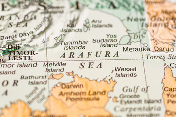World map. Arafura sea on geographic map, world tourism, destination. Political map close-up photo.