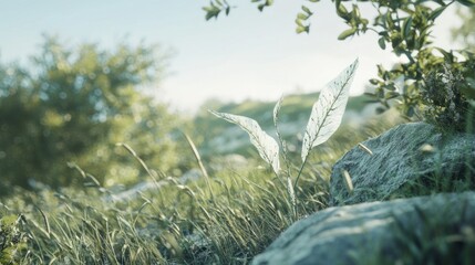 Serene Meadow: A Tranquil Landscape of Lush Greenery and Sunlight