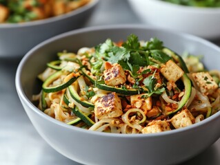 A healthier version of pad Thai with zucchini noodles, tofu, and tamarind sauce, served in a sleek modern setting