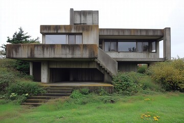 A modernist concrete Brutalist style house with a unique architectural design, featuring large windows and a staircase leading to the entrance. 