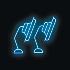 Two hands holding hats over dark background with blue neon light effect and space for your text