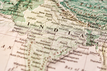 World map. India on geographical map, world tourism, destination. Political map close-up photo.