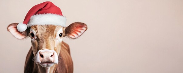 Obraz premium Festive cow wearing santa hat holiday setting animal portrait studio environment close-up view cheerful concept