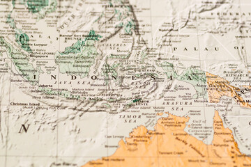 World map. Indonesia on the geographical map, world tourism, destination. Political map close-up photo.