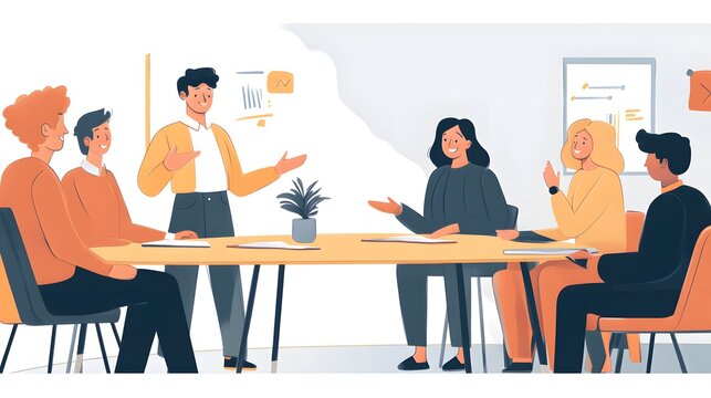 Dynamic team meeting, diverse professionals collaborating around a table, discussing strategies in a bright office space.