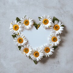 Obraz premium A heart-shaped arrangement of daisies surrounds a blank space, creating a beautiful floral frame on a textured background.