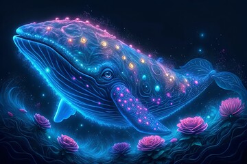 A captivating illustration of a luminous whale adorned with lights surrounded by glowing roses in an ethereal underwater realm, showcasing vibrant colors and an otherworldly magical atmosphere