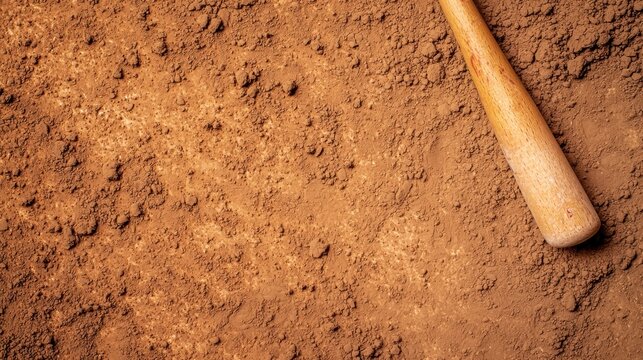 A close-up view of a wooden baseball bat resting on a textured dirt surface, capturing the essence of outdoor sports and play.