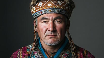 Obraz premium A Kazakh man wearing traditional ethnic clothing and a distinctive headdress. He has a serious expression and is looking directly at the camera. 