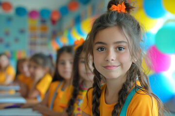 Fototapeta premium A group of young girls are sitting in a classroom