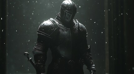 Fototapeta premium A powerful knight clad in dark iron armor standing in a void of despair wielding a striking blade