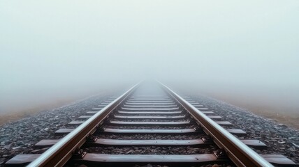 Mysterious foggy train tracks abandoned landscape photography tranquil environment wide-angle view journey concept