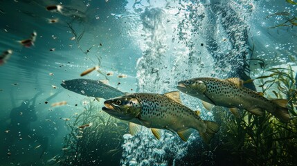Fototapeta premium Underwater Feeding Frenzy with Fish Swarming Around Bait in Vibrant Blue Ocean