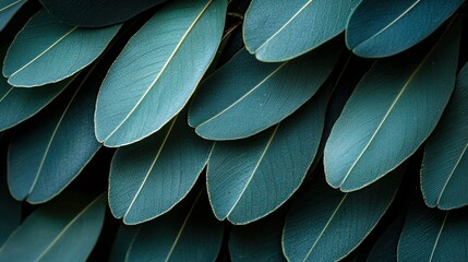 Obraz premium Teal leaves overlapping, detailed texture, dark background, nature backdrop.