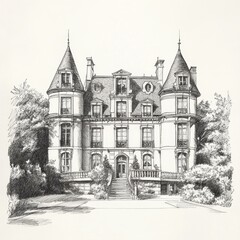 Elegant Architectural Drawing of a Grand House with Trees and a Front Staircase Approach