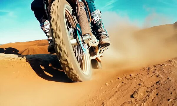 A close-up view of a motorcycle wheel kicking up dust, capturing the thrill of off-road riding against a bright blue sky.