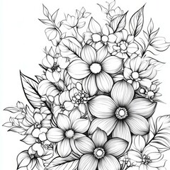 Floral Line Art Composition of Blooming Flowers and Leaves in a Black and White Design Pattern