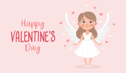 Valentine's day card with cute angel girl, cupid with bow and arrow. Illustration, holiday card