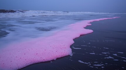 Pink sea foam on beach at dawn, ocean waves background, environmental coastal scene