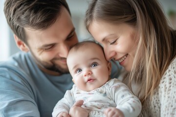 A joyful moment shared among a smiling couple with their baby in a cozy setting.