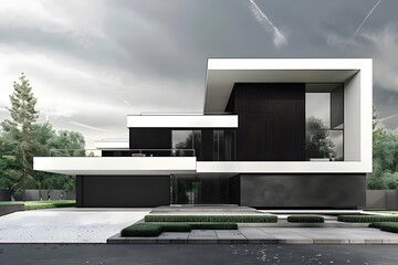 sophisticated modern 3d house rendering featuring minimalist design, sleek lines, and monochrome palette. generative ai