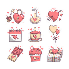 Hand-Drawn Valentine&rsquo;s Day Icons Set with Romantic Symbols and Gifts