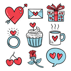 Hand-Drawn Valentine&rsquo;s Day Icons with Romantic Symbols and Gifts in Cute Style