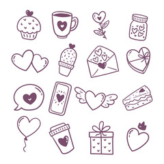 Hand-Drawn Valentine&rsquo;s Day Doodle Icons with Hearts, Gifts, and Romantic Elements