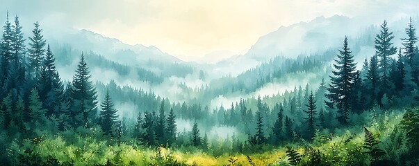 Fototapeta premium A grassy hilly thick dense pine forest with Sword ferns, watercolor