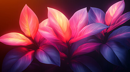 Obraz premium Glowing neon leaves, dark background, vibrant plant, digital art, website banner