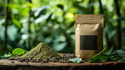 A kratom product photo featuring its package next to kratom powder, with kratom trees in the background.