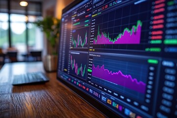 Obraz premium Analyzing Stock Market Trends: Interpreting Charts and Graphs for Investment Decisions, Understanding Financial Data Fluctuations and Predicting Market Behavior with Technical Analysis.