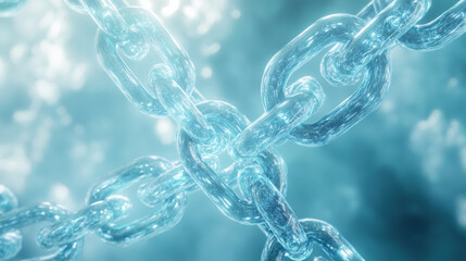 Silver chain links glowing with a soft cyan hue, arranged in an infinite loop pattern, set against a misty and futuristic background