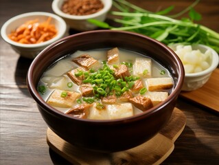 Hearty Soup Bowl with Tofu and Green Onions alongside Shredded Carrots and Brown Crumbs